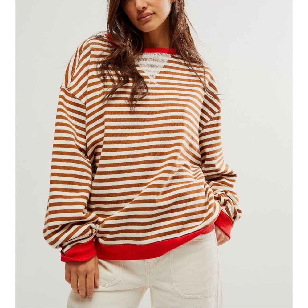 Free People We The Free Classic Striped Oversized Crewneck / Coffee Combo